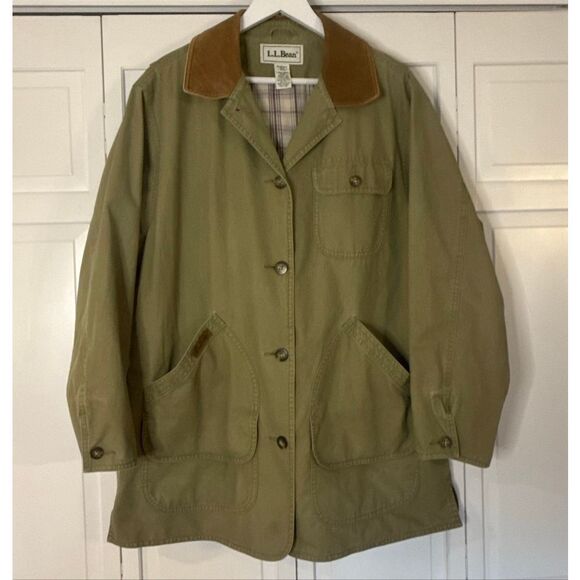 L.L. Bean Vintage Chore Barn Jacket leather collar size large Olive green RARE - Picture 2 of 11